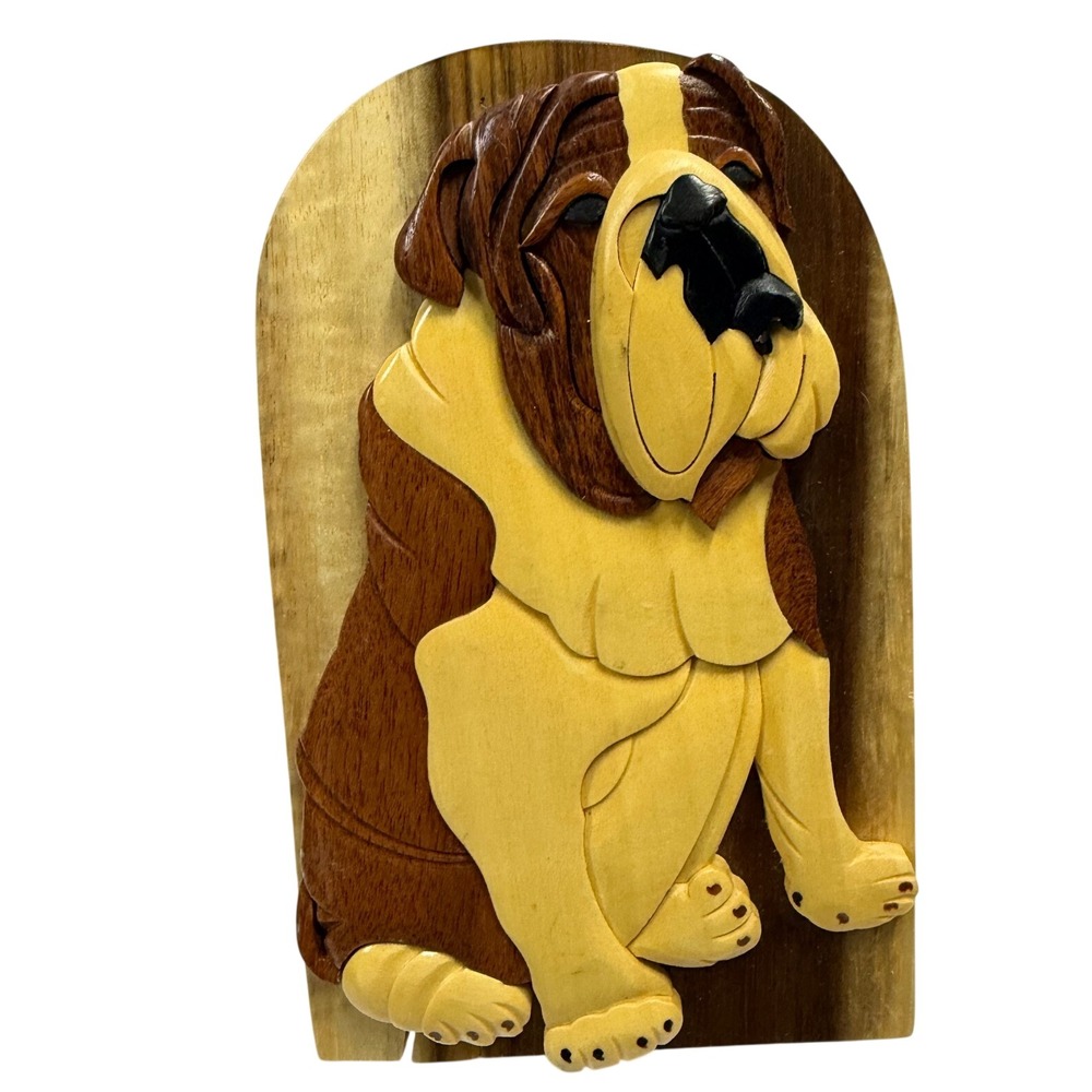 Carver Dans Handcrafted Intarsia Wood English Bulldog Secret Puzzle Jewelry Box
